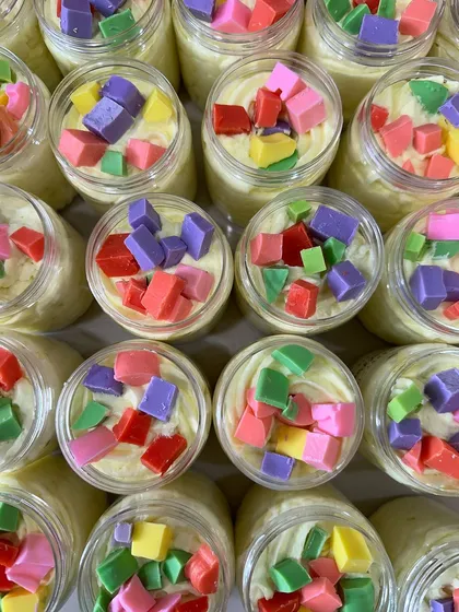 A top-down view of my colorful whipped soaps, a perfect way to brighten up any morning routine.