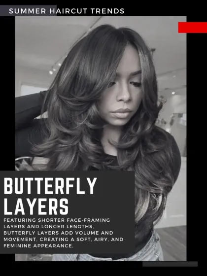 Butterfly Layers are perfect for adding volume and movement. This style features shorter, face-framing layers and longer lengths to create a soft, airy, and feminine appearance.