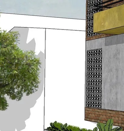 This detail highlights the 'jaali' screen element on the facade of 'Project 83', a traditional feature used in a modern context.