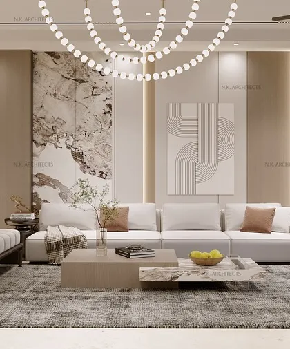 This living space is a serene haven, blending soft beige tones with light wooden textures. A modern, flowing chandelier adds a touch of elegance, creating the perfect balance of warmth and sophistication for a relaxed family area.