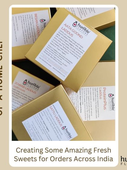 A little glimpse into a typical day in my kitchen. This image shows various laddu boxes, including Aata Goond, Jowar, and ProteinPlus, all packed and ready for dispatch across India. Every box that leaves my home is filled with freshly made sweets.