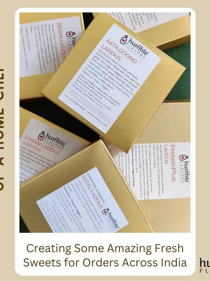 A little glimpse into a typical day in my kitchen. This image shows various laddu boxes, including Aata Goond, Jowar, and ProteinPlus, all packed and ready for dispatch across India. Every box that leaves my home is filled with freshly made sweets.