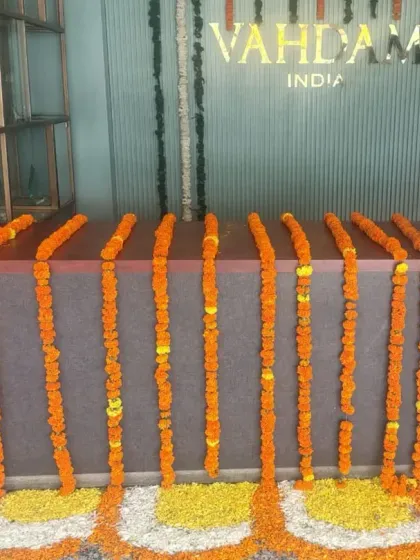 The reception desk at the Vahdam office was decorated with strings of marigold flowers, instantly adding a touch of traditional festive charm to the corporate space.