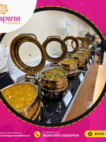 A beautiful buffet line of our North Indian cuisine, served in elegant copper and brass chafing dishes.