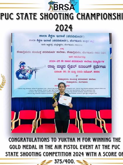A graphic celebrating Yuktha M's gold medal victory in the Air Pistol event at the PUC State Shooting Championship.