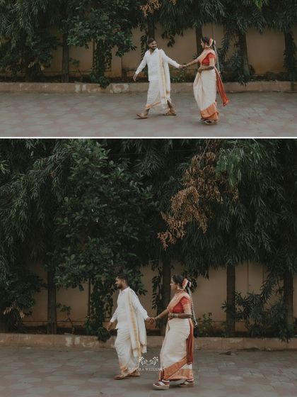 A diptych of the couple walking hand-in-hand through a tree-lined path, a romantic and serene moment.