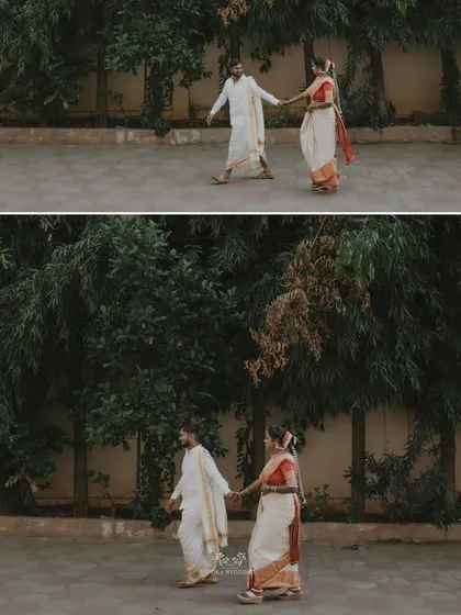 A diptych of the couple walking hand-in-hand through a tree-lined path, a romantic and serene moment.