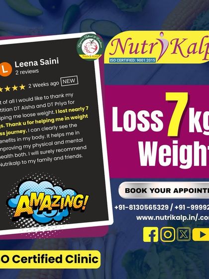 Leena Saini's review celebrating her 7 kg weight loss. She highlights the improvement in her physical and mental health, recommending our services to others.