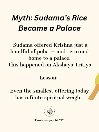 A key lesson from mythology: Sudama offered Krishna a humble handful of poha on Akshaya Tritiya and returned home to a palace. It teaches us that even the smallest offering today has infinite spiritual weight.