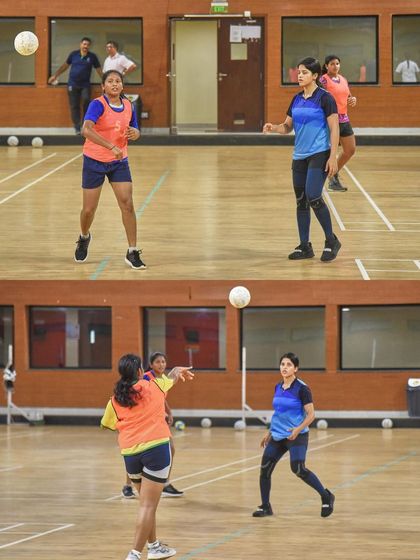This collage shows the women's team running passing drills. It captures the fluid movement and communication required to move the ball effectively up the court.