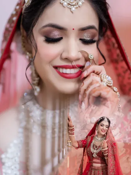 A creative double-exposure portrait of the bride, blending a smiling close-up with a full-length shot to create a dreamy and artistic image.