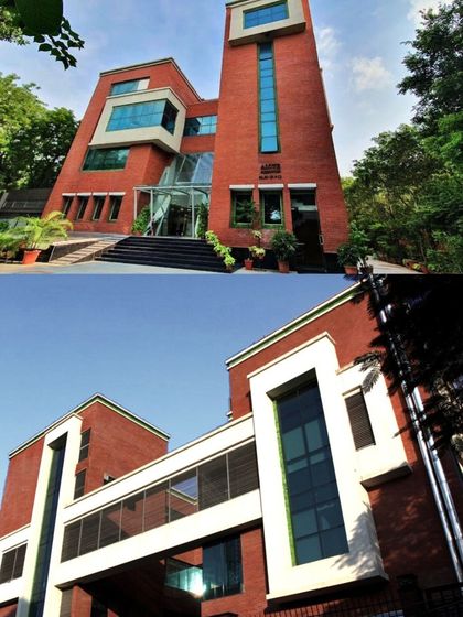 Different angles of the New Delhi Institute of Management highlight its contemporary design. The building's geometric volumes and a connecting bridge showcase a blend of aesthetic form and practical function.