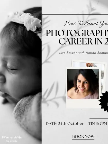 An announcement for a live session on how to start a photography career, aimed at beginners.