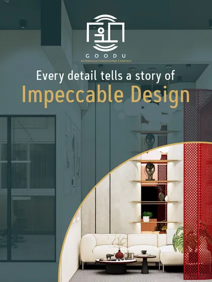 A design graphic highlighting the "Impeccable Design" of our studio space. It focuses on the red mesh partition and the cozy lounge, showing how every detail contributes to the overall story.