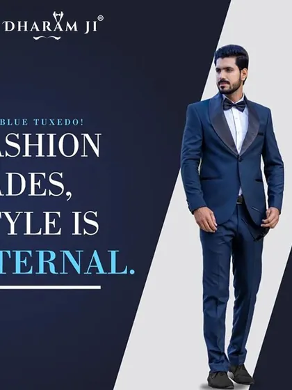 Fashion fades, style is eternal. This graphic features a model in a classic navy blue tuxedo, a testament to timeless design.