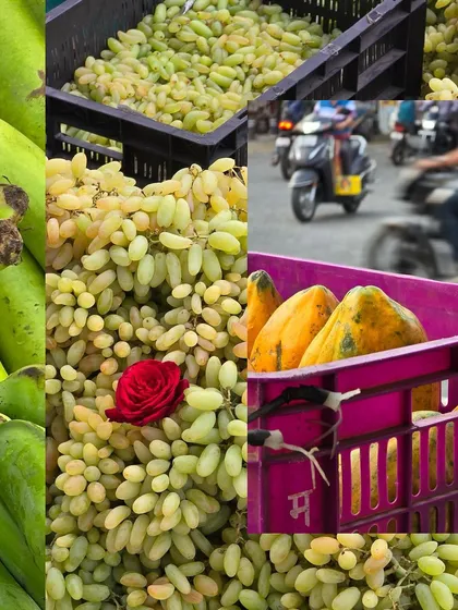 A dynamic collage of market scenes, with grapes, papayas, and the blur of a passing scooter.