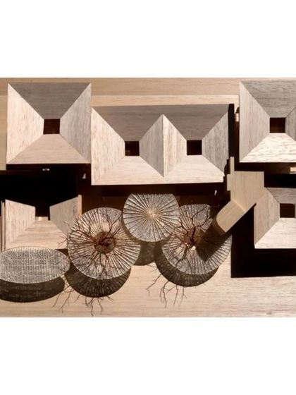 A top-down model view showing the 'caterpillar' canopy moving across the quadrangle, connecting the pinwheel arrangement of the learning pods. This view is critical for understanding the overall site organization.