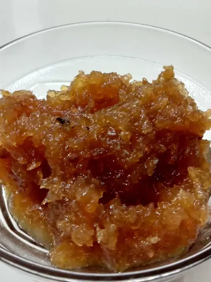 A close look at my grated Amla Murabba. You can see the rich texture and natural color that comes from slow cooking fresh Indian gooseberries without any artificial additives. It is a healthy and delicious fruit preserve.