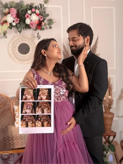 A loving couple's portrait, with the partner's gaze full of admiration. The sonogram pictures add a personal and emotional touch.
