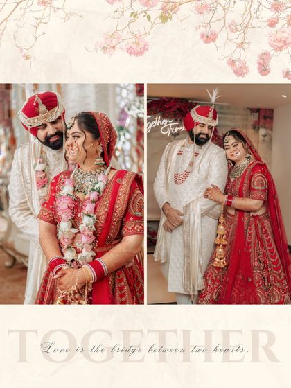 A diptych of the couple, showcasing their coordinated red and white wedding attire in both candid and posed shots.