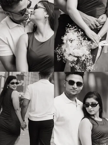 A collection of four black and white portraits from Alicia and Jeff's pre-wedding shoot. It shows a variety of poses, from walking hand-in-hand to a cool, posed shot, all with a classic, edgy feel.