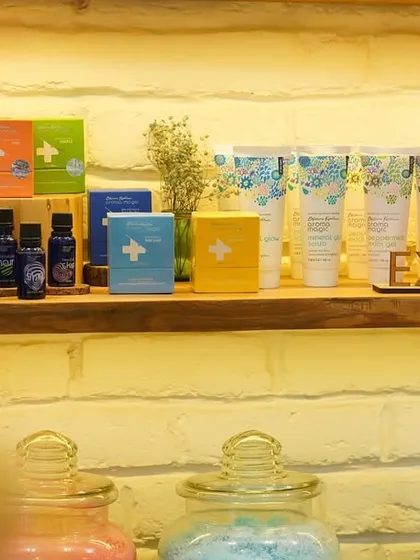 Glowing skin starts with the magic of nature. My retail shelf features a curated selection of exfoliants and essential oils to enhance your skincare routine.