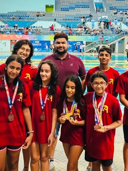 Team success is the ultimate goal. Here is the Ace Aquatic Academy team after being named 'Best Academy of the Meet' at the Delhi Open, where we secured 11 gold medals and set three new meet records.