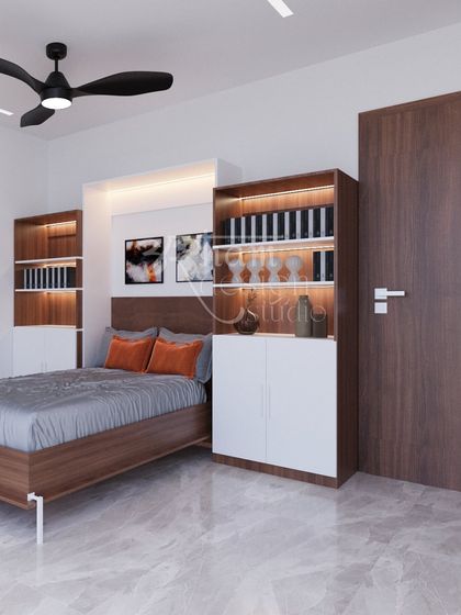 We designed this bedroom to be both a restful space and a functional study area. It features custom-built shelving with integrated lighting and a sleek wooden bed frame, balancing modern aesthetics with smart storage solutions.