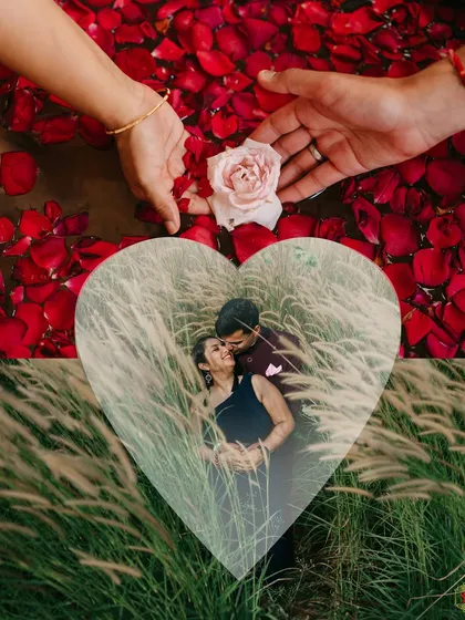 A creative pre-wedding collage combining a close-up of hands with a rose and a heart-shaped overlay of the couple in a field.