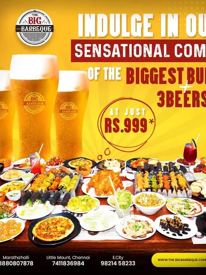 Feast like never before with our sensational combo of the biggest buffet and three ice cold beers, all for just ₹999.