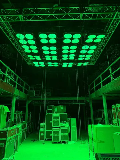 The 16-unit MegaBrute rig programmed to a vibrant green. This demonstrates the fixture's powerful color output.