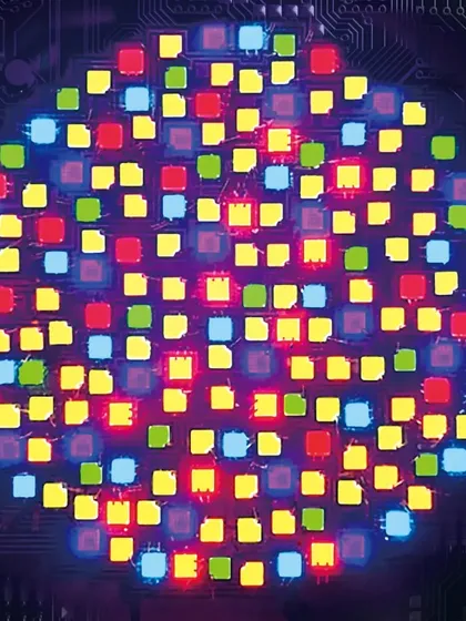 A macro shot of the six-color RGBACL LED engine inside the Prolycht Orion 300 FS. This advanced technology allows the fixture to produce a wider and more accurate spectrum of color than traditional RGBW lights.
