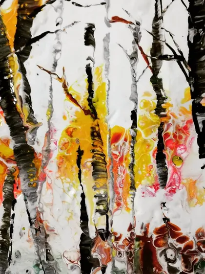 This piece, titled "Autumn," is an abstract landscape of birch trees. I started with a fluid pour background and then embellished it with brushwork to create the tree trunks and branches. It’s about the beauty of letting go.