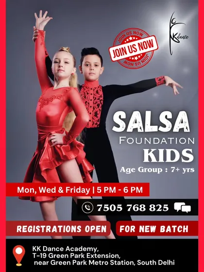 We also offer something unique with our Kids Salsa Foundation course. This poster gives you a peek into our special batch designed for kids aged 7 and up, where they can learn the basics of Latin dance in a structured and exciting way.