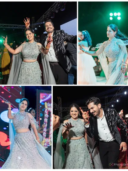 A collage showcasing the high energy of a Sangeet night, with the couple dancing their hearts out on stage.