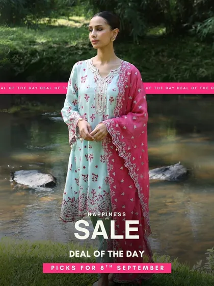 A deal of the day you can't miss. This pastel blue and pink kurta set is a dreamy and romantic choice for any occasion.