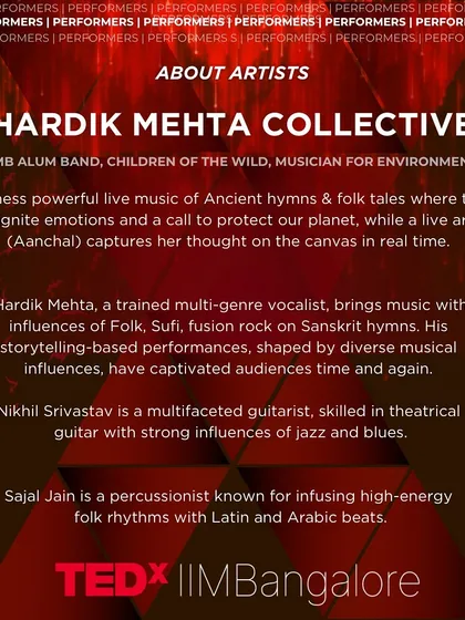 The official performer announcement for TEDx IIM Bangalore. It was an honor to be featured alongside other talented artists for this event.