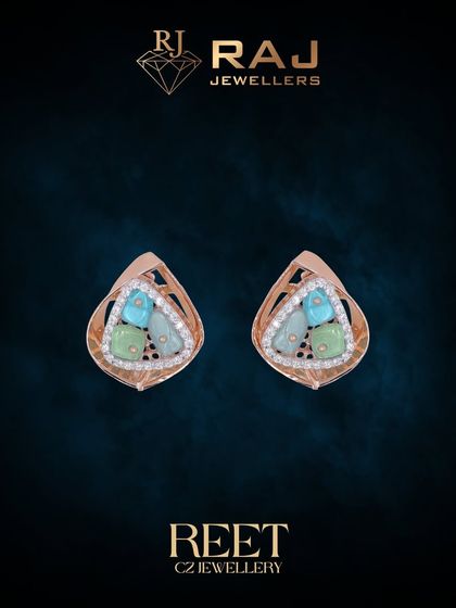 A pair of modern stud earrings from our Reet collection. The design features a mix of soft-hued colored stones and brilliant CZs set in a contemporary rose gold frame.