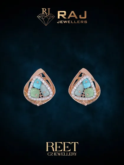 A pair of modern stud earrings from our Reet collection. The design features a mix of soft-hued colored stones and brilliant CZs set in a contemporary rose gold frame.