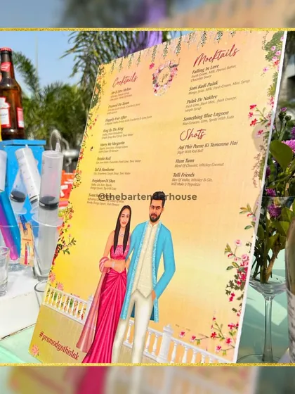Your menu, your story. We designed this beautiful, illustrated menu featuring a caricature of the couple, listing all the custom cocktails and mocktails for their event.