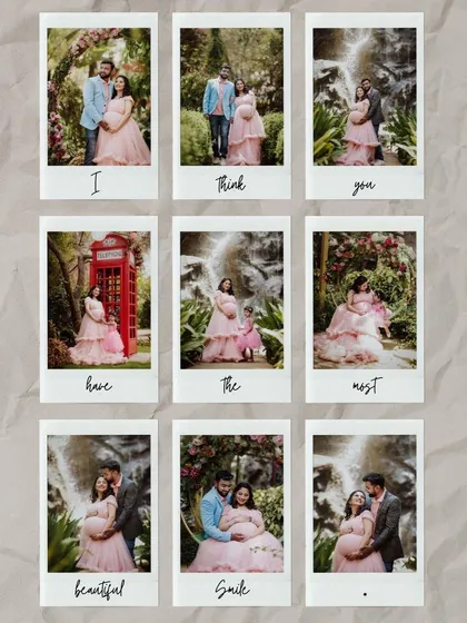 A creative collage of a maternity shoot in a pink gown, telling a beautiful story through multiple images.