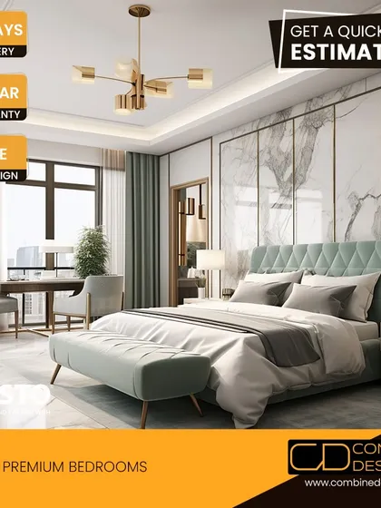 A promotional graphic for our premium bedrooms, showcasing a serene space with a mint green headboard and marble accent wall.