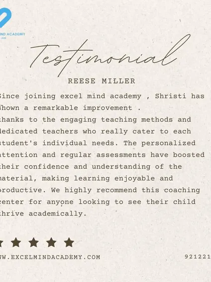 This testimonial from Reese Miller highlights the remarkable improvement in their child's confidence and understanding due to our engaging teaching methods, personalized attention, and regular assessments.