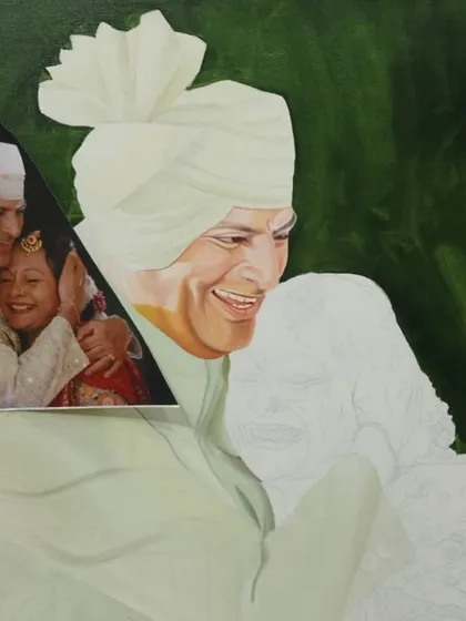 This is a glimpse into my process. For this wedding portrait, I started by blocking in the colors and shapes from the reference photo, slowly building up layers to achieve a realistic and emotional final piece. Every portrait begins with this careful foundation.