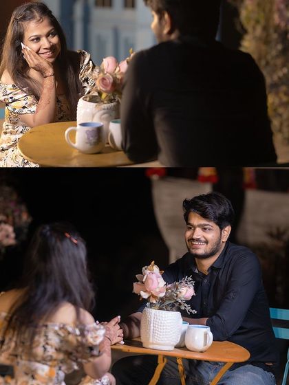A collage from a romantic cafe-themed night shoot. These photos capture the intimacy of a date night, complete with soft lighting and flowers.