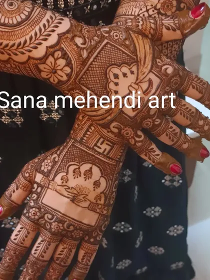 This back-of-hand design features auspicious symbols like the swastika and 'Om' within a detailed pattern. It's a perfect choice for religious festivals and pujas.