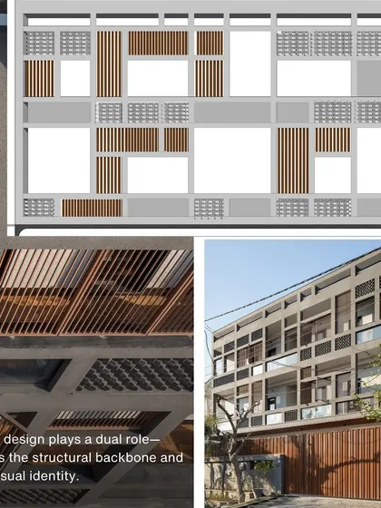 The grid design of the facade plays a dual role, acting as both the structural backbone and a bold visual identity. This collage shows the elevation drawing and details of the finished exterior.