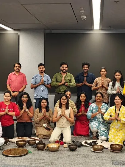 It's always wonderful to see a team feeling refreshed and connected after a session. This is a group from Hewlett Packard Enterprise after a rejuvenating sound healing and breathwork workshop.