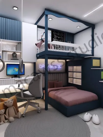 I designed this imaginative room for a child, incorporating a custom-built bunk bed with a study area and playful elements. The space is built to be both a fun play zone and a practical room that can adapt as the child grows.