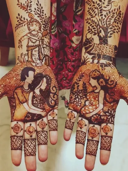 A closer look at the personalized mehendi I created for actress Amulya. One hand features a portrait of her with her husband, while the other has a portrait of her cradling her bump, with a depiction of baby Krishna above.